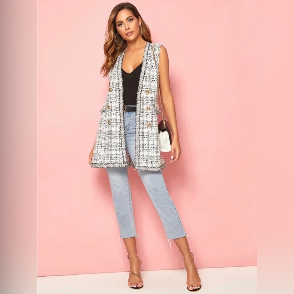 Shein double button raw hem tweed vest 💞